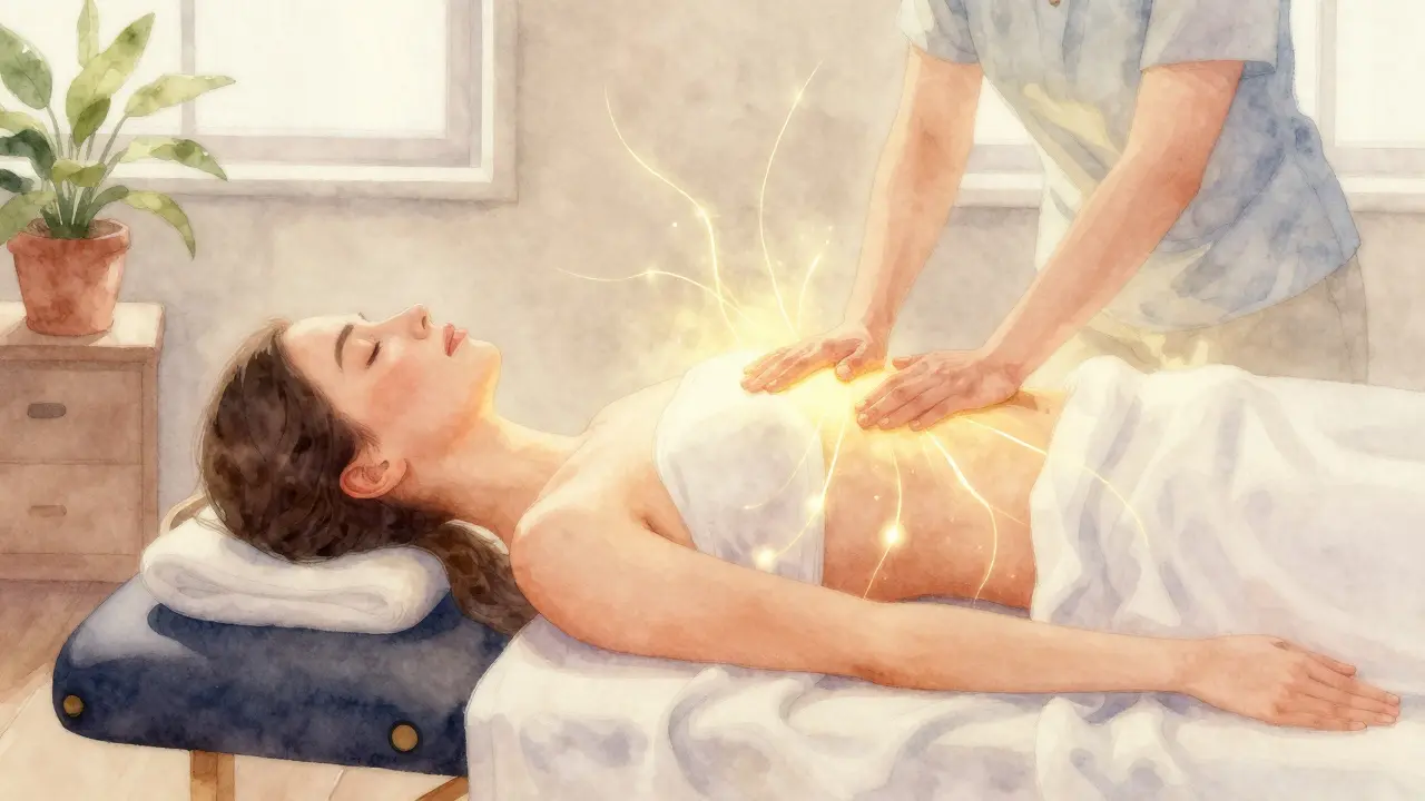 Person lying relaxed with soft glow after polarity therapy session.