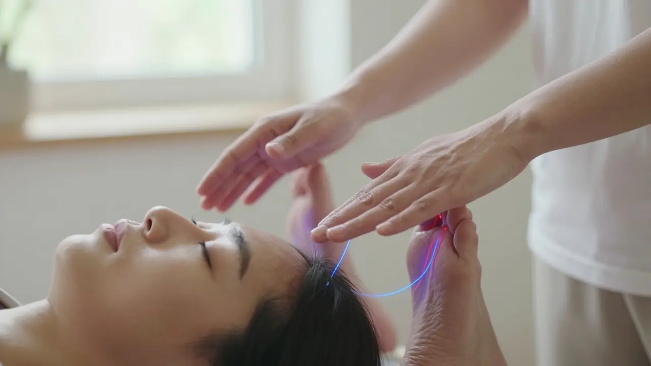 Practitioner placing hands on client's head and feet during polarity therapy session.