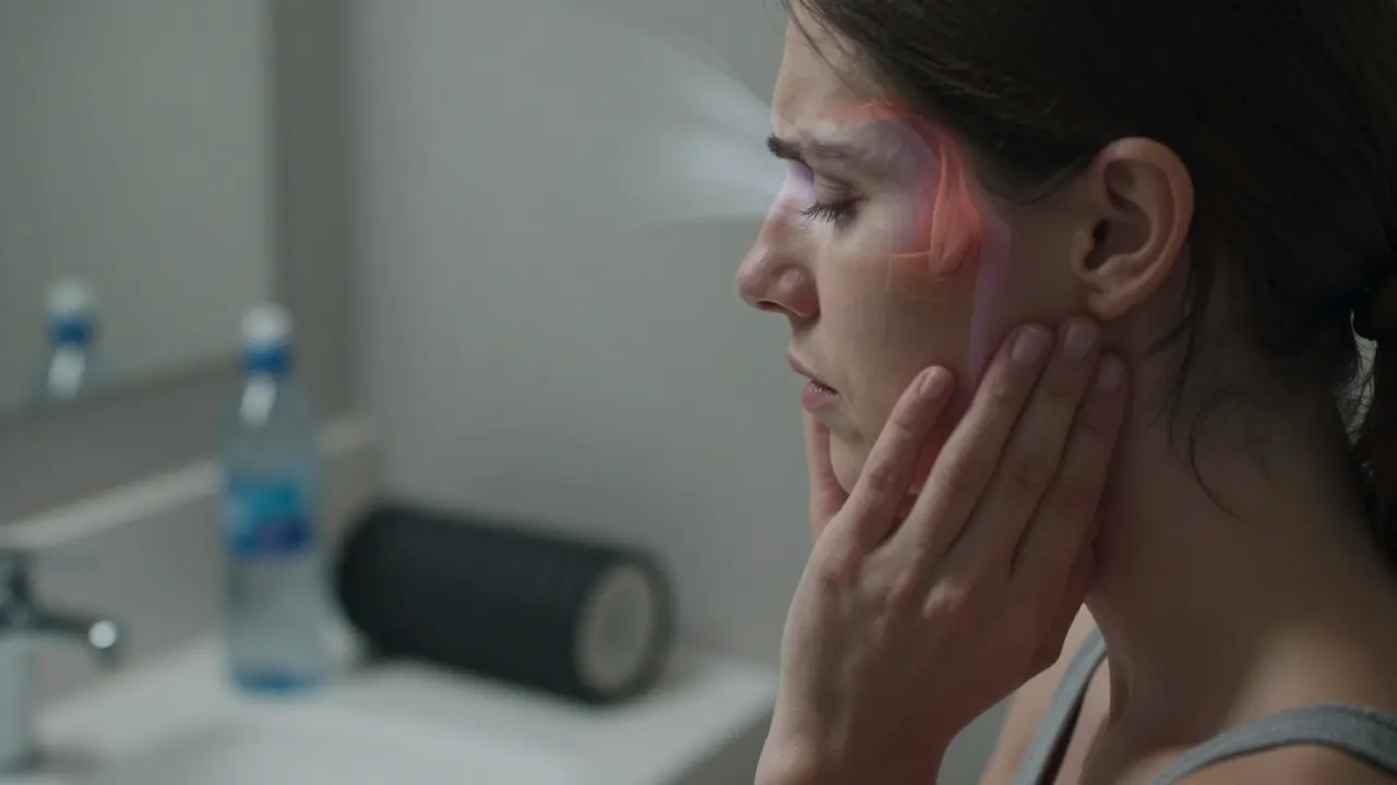 A hand pressing on the jaw muscle with a faint image of a headache radiating upward.