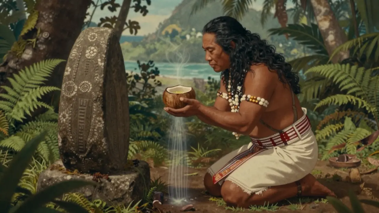 A Hawaiian kahuna performing a sacred prayer beside an altar with natural offerings, surrounded by tropical foliage.