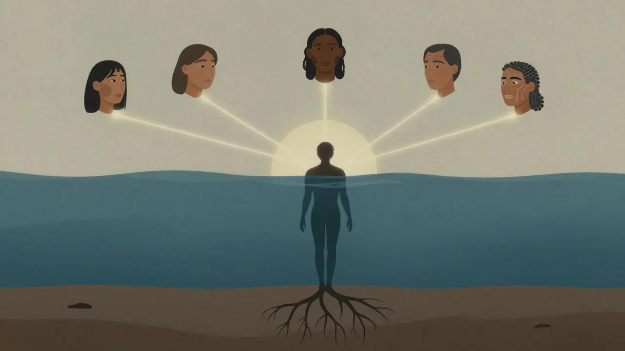 A human figure connected to ancestral faces and earth roots through glowing threads, representing holistic healing energy.