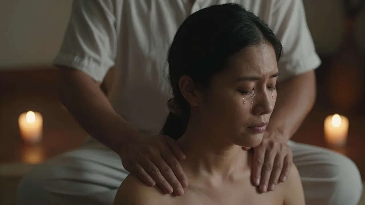 A therapist's hands resting gently on a client's back as they breathe together, with a single tear on the client's cheek, conveying deep emotional release.