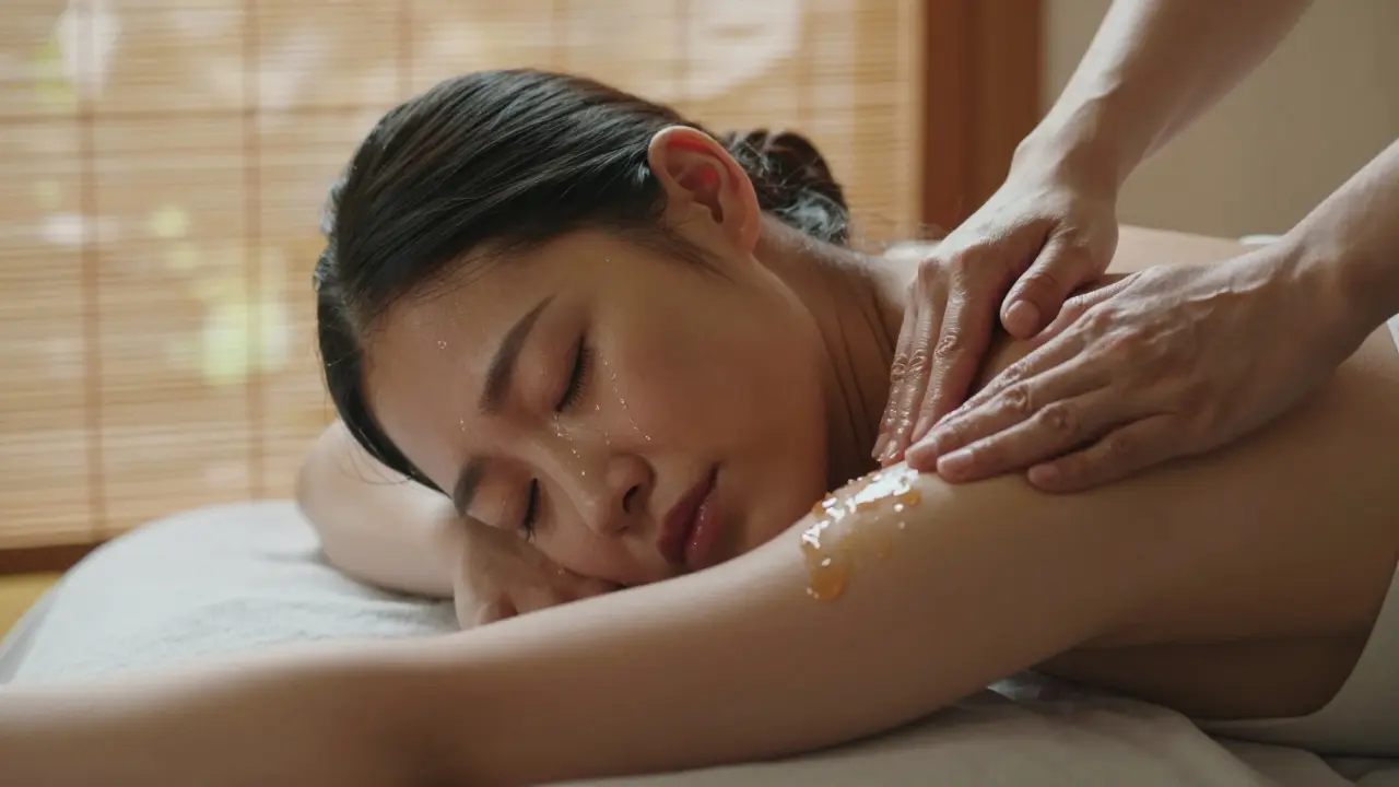 A woman crying peacefully during a lomi lomi session as hands glide rhythmically along her body in flowing motion.