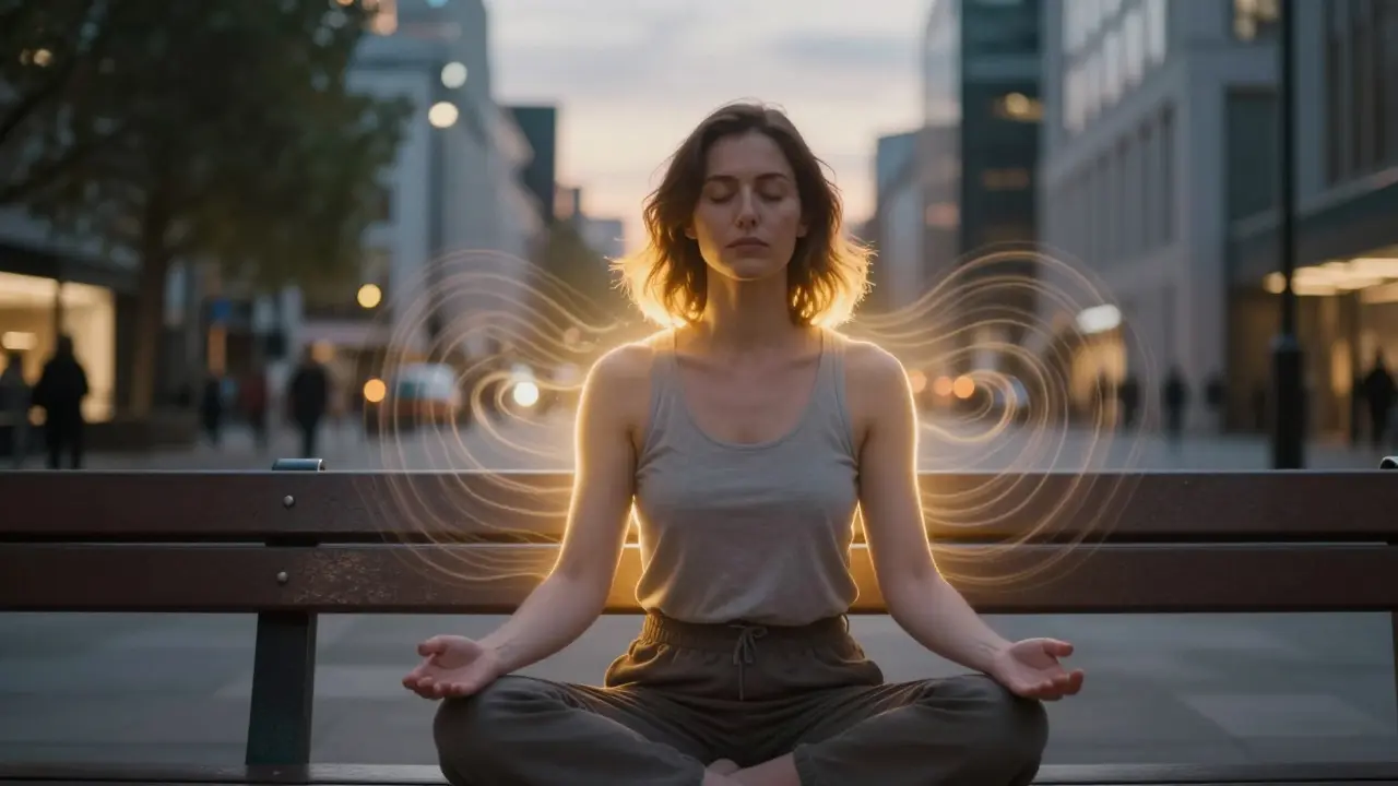 A woman in a city breathing deeply as golden energy surrounds her, symbolizing mindful breath and emotional release.