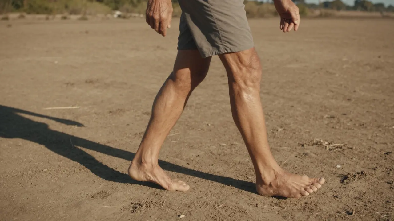 Active person walking barefoot with balanced posture
