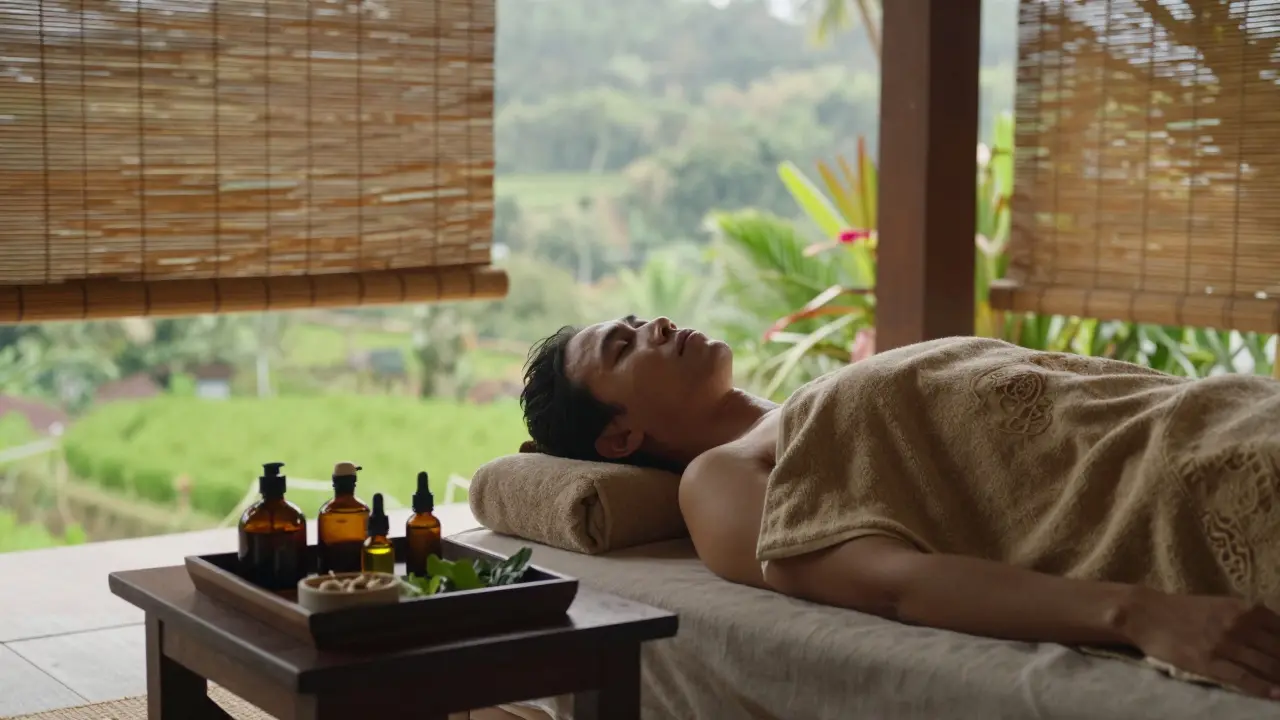 Client resting after Balinese massage, sunlight filtering through bamboo blinds, traditional oils and botanicals on wooden tray.
