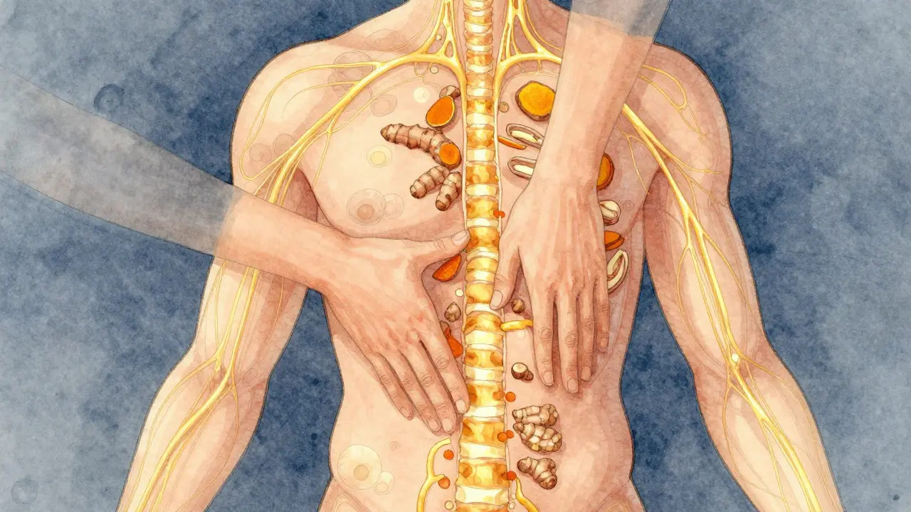 Cross-sectional view of body with glowing lymphatic flow guided by hands, surrounded by swirling herbal oils in calming tones.
