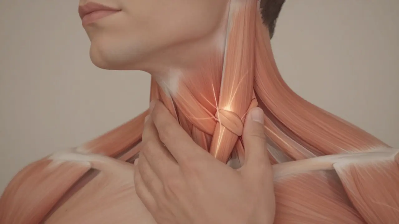 Hand applying precise pressure to a muscle knot in the neck, with faint lines showing referred pain pathways.
