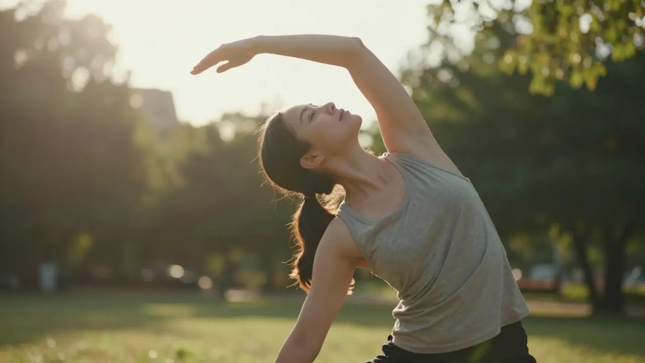 Person stretching comfortably in golden light