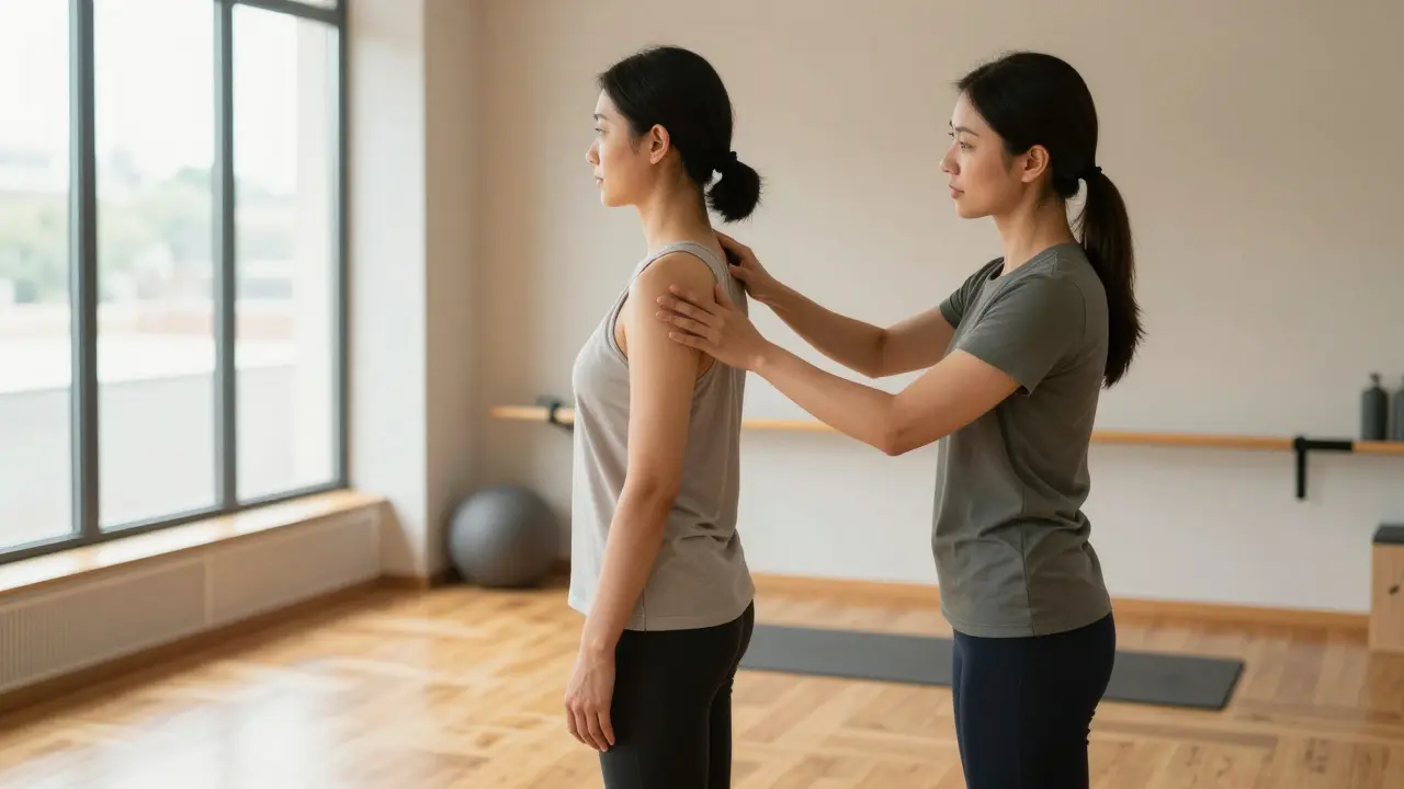 Therapist assessing client posture in clinic