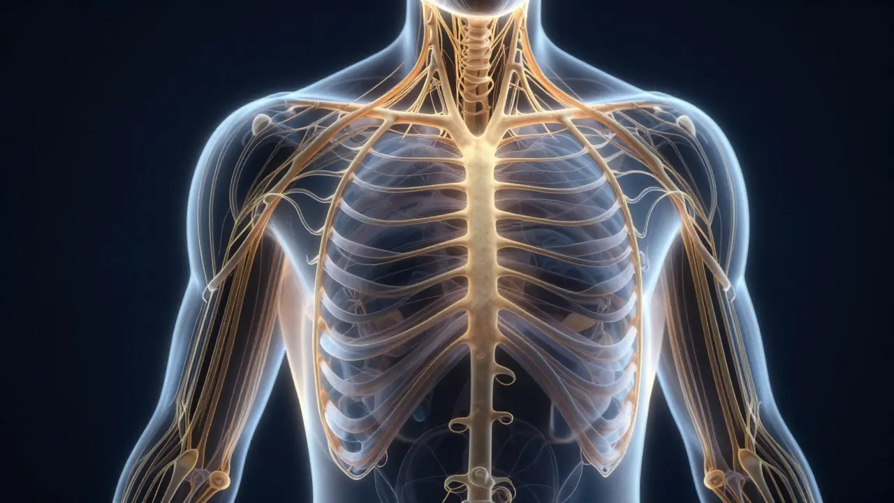 Translucent human form with glowing golden fiber networks