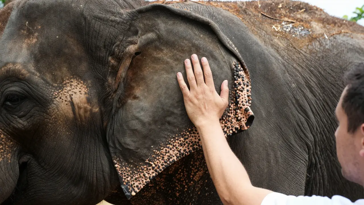 A caretaker performing deep tissue massage on an elephant's thick neck skin.