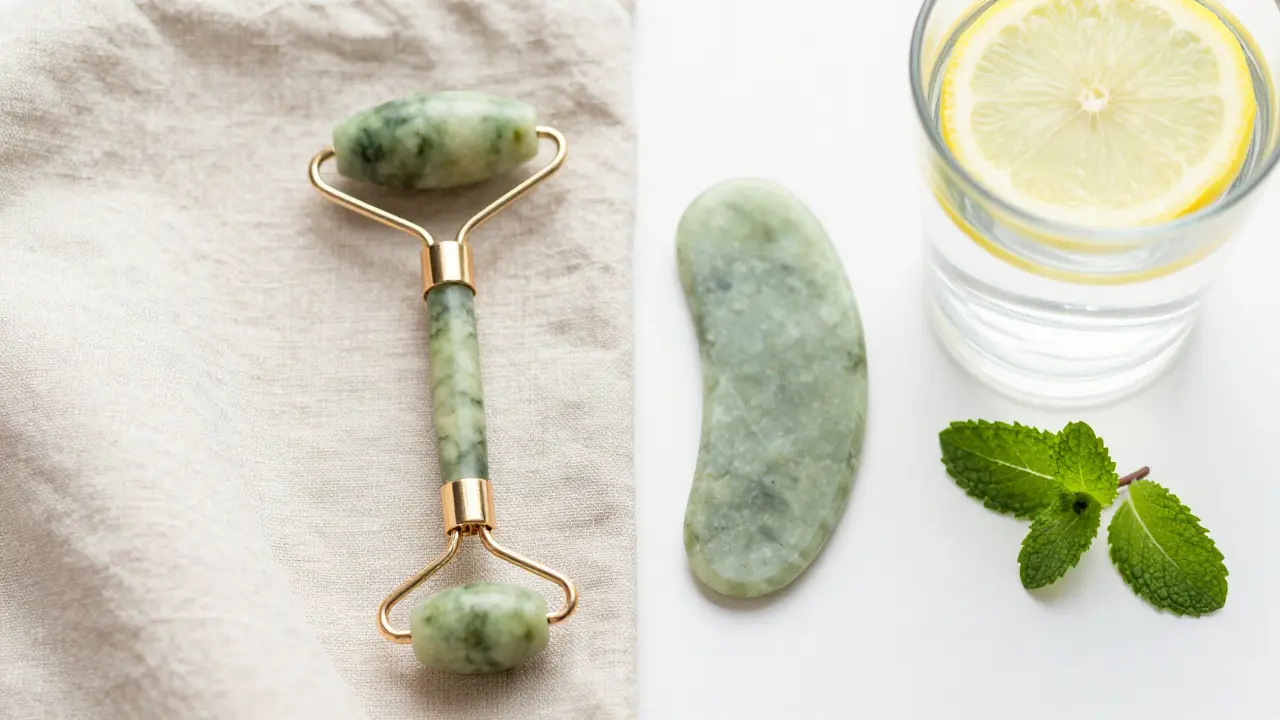 A jade roller and Gua Sha tool arranged with a glass of lemon water for holistic wellness.