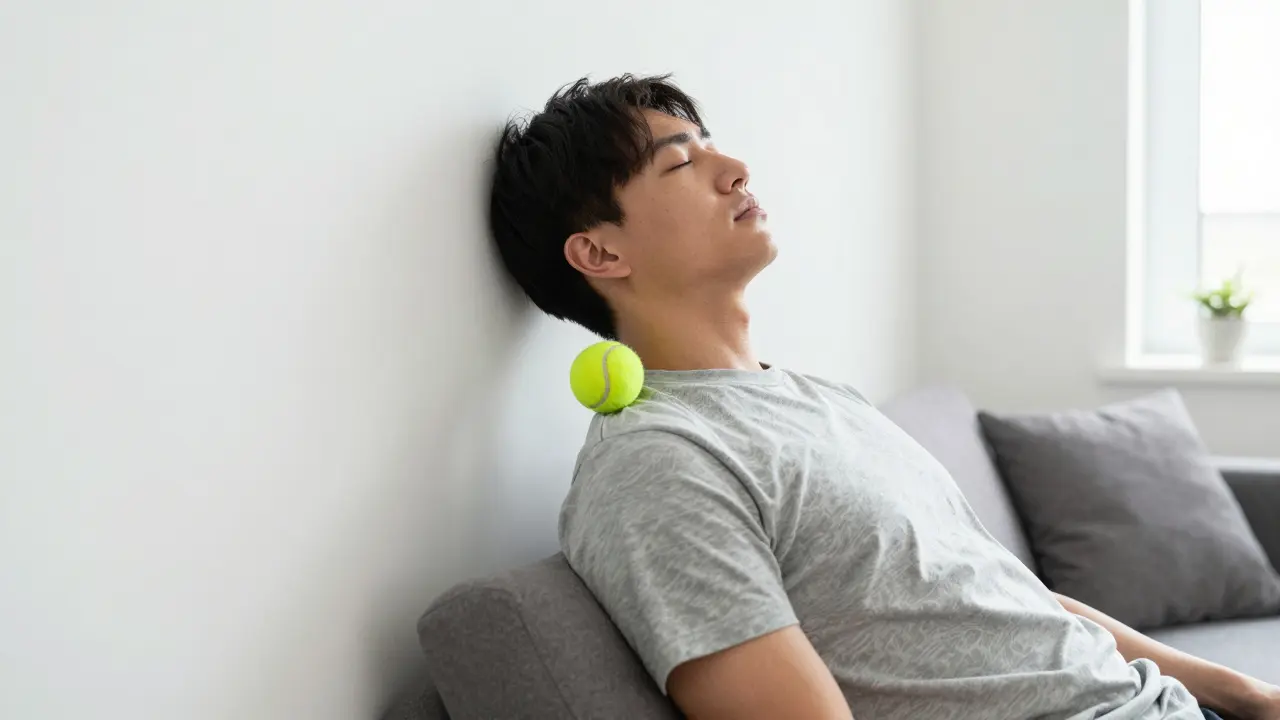 A person using a tennis ball against a wall to relieve a muscle knot in their upper back