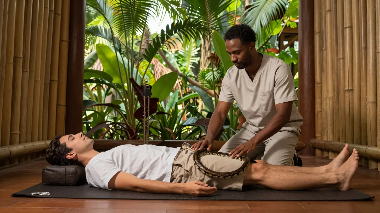 A professional handler guiding a snake over a client in a tropical wellness center