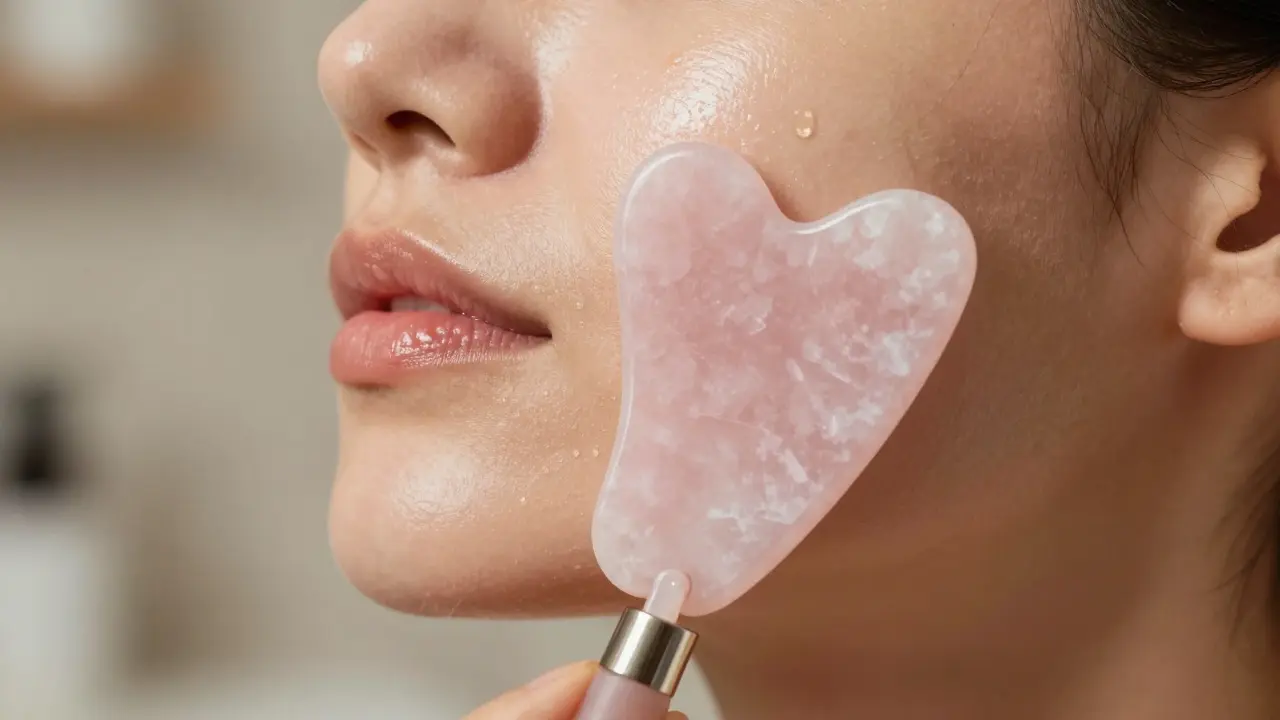 Close-up of a rose quartz Gua Sha tool being used to sculpt a jawline for lymphatic drainage.