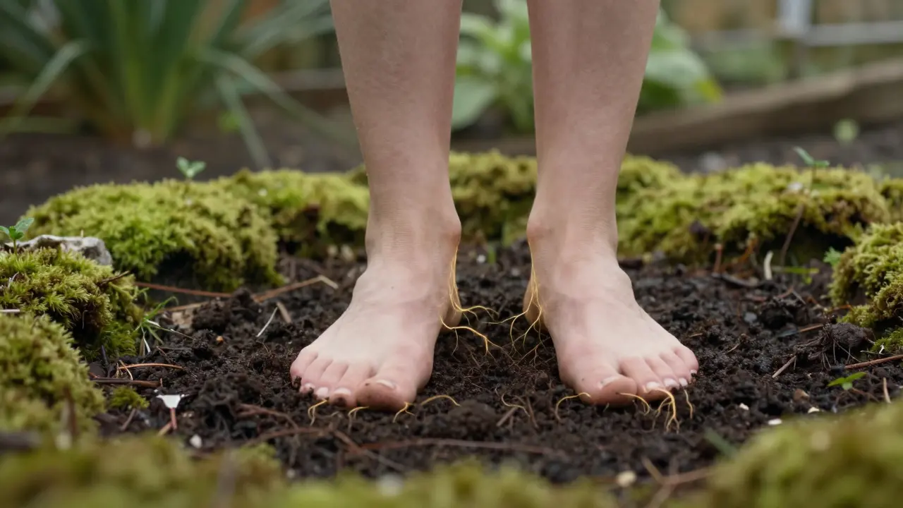Close-up of bare feet on soil with glowing golden roots extending into the earth for grounding.