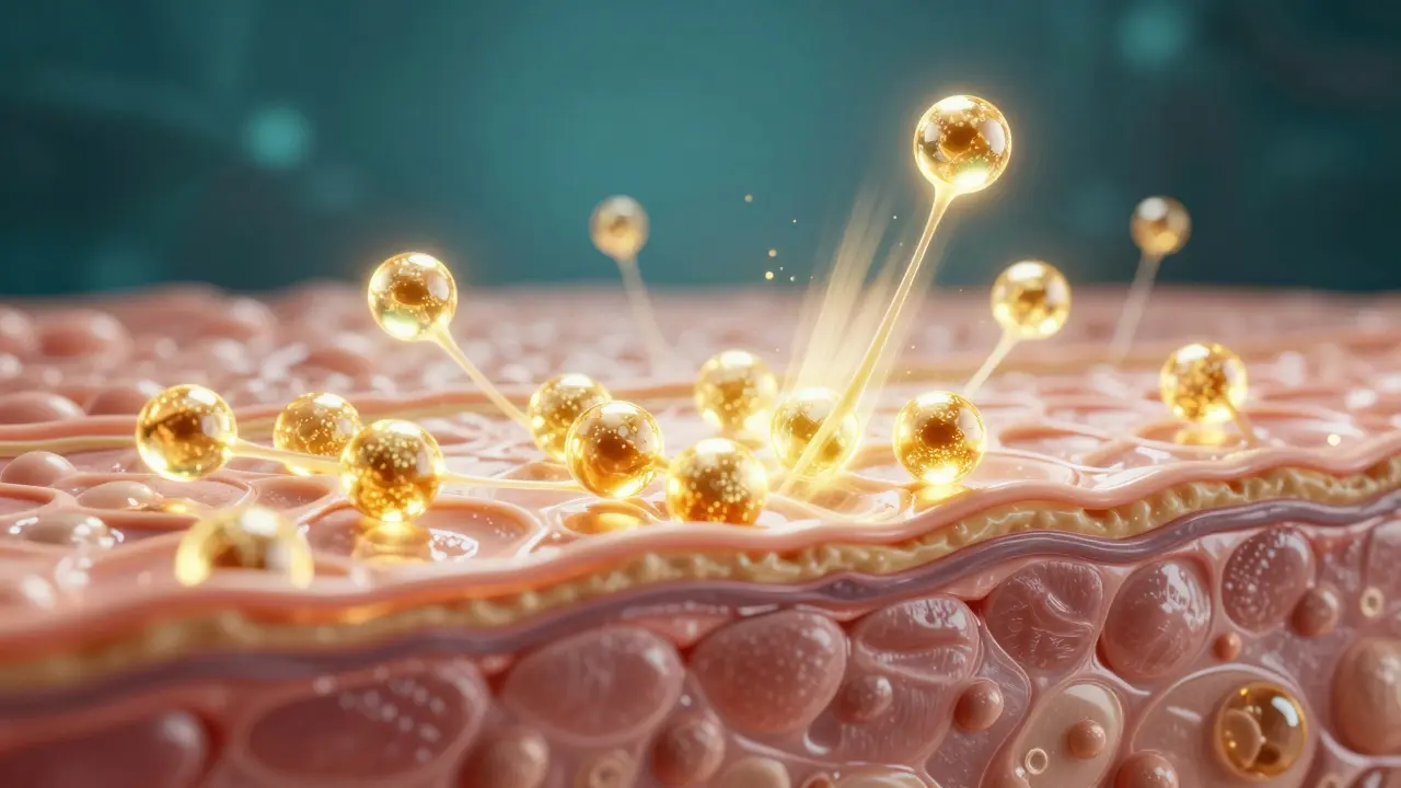 Conceptual 3D render of snail mucin molecules repairing skin layers