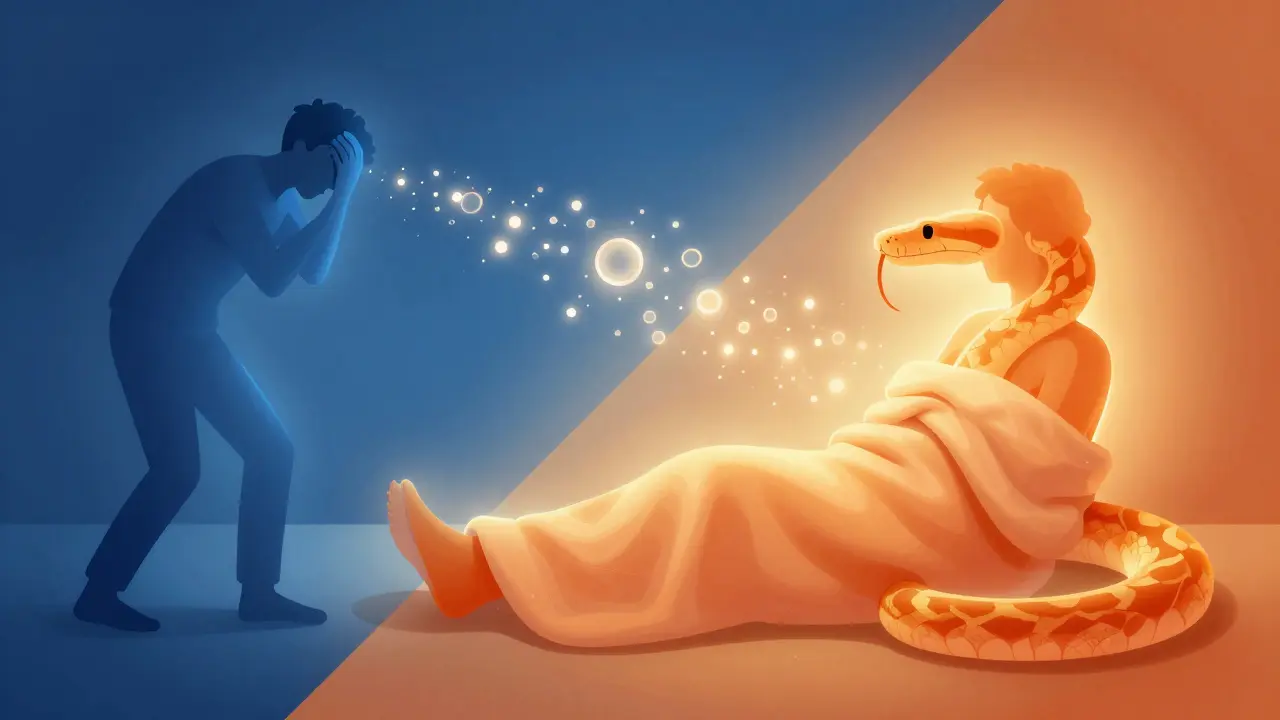 Conceptual art showing the mental shift from anxiety to calm during snake therapy