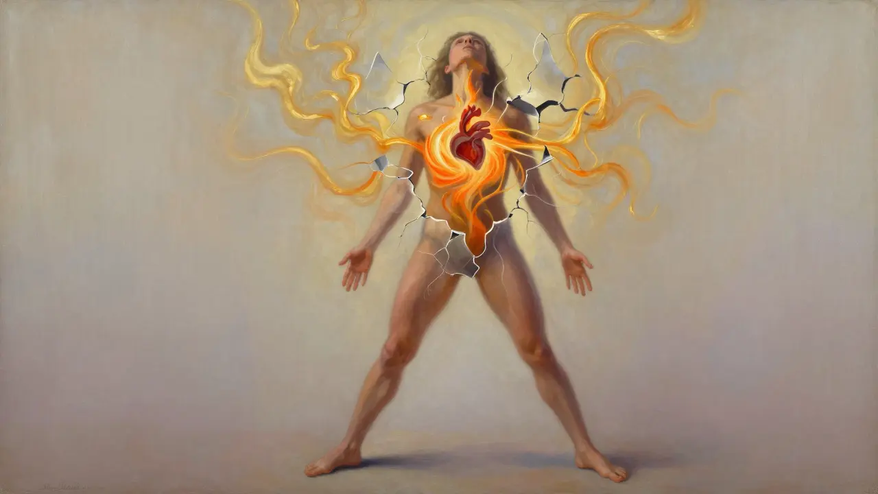 Person in a bioenergetic arch pose with golden energy swirls releasing from their chest.