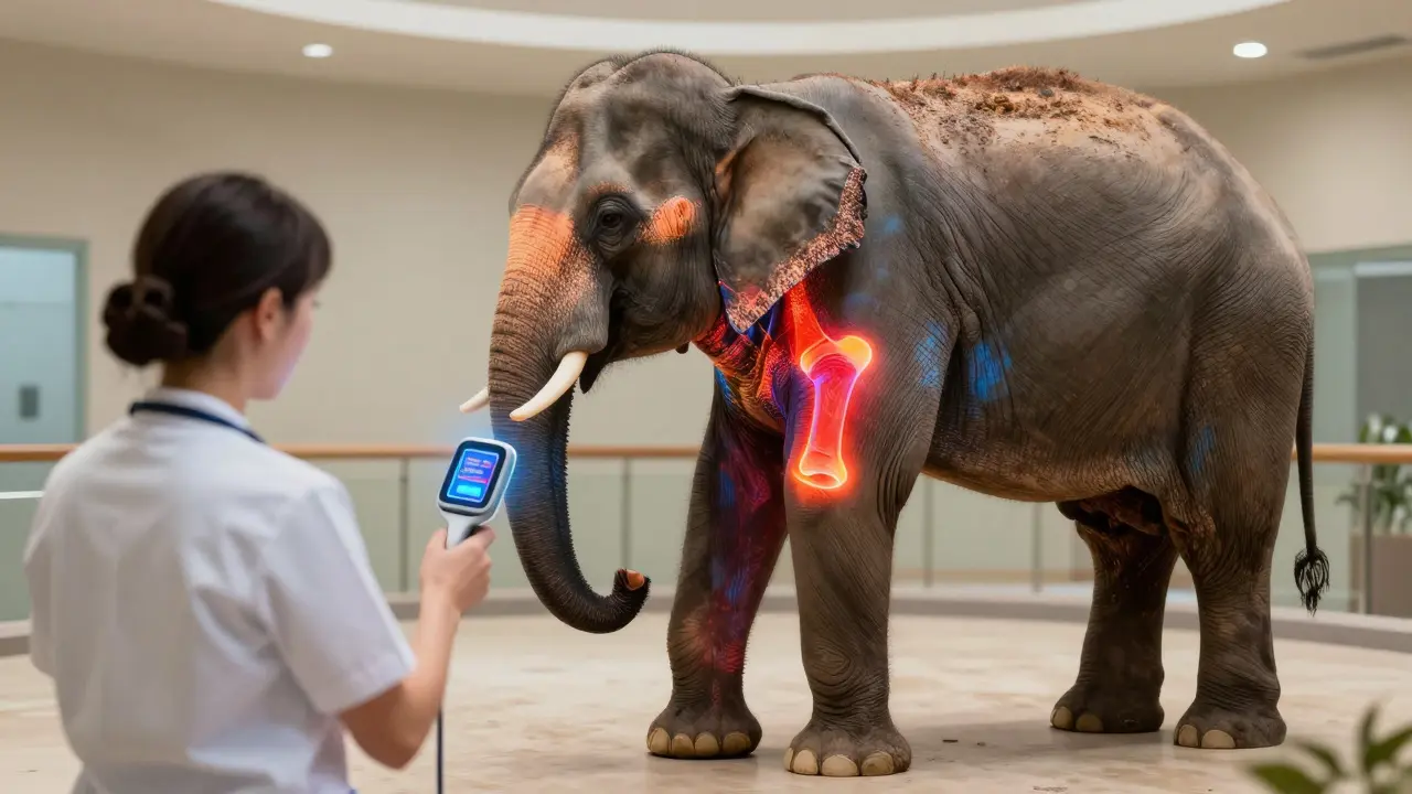 Thermal imaging scan showing heat patterns on an elephant's leg for medical diagnosis.