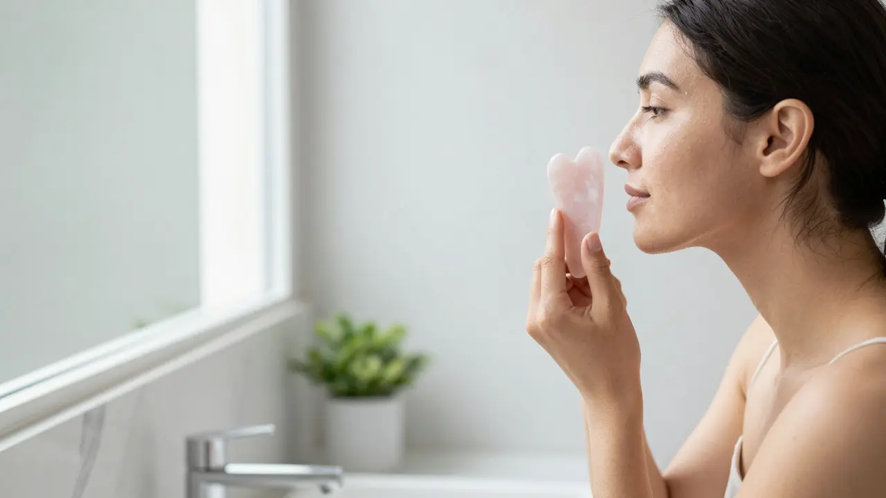 Woman using a rose quartz Gua Sha tool with snail mucin on her face