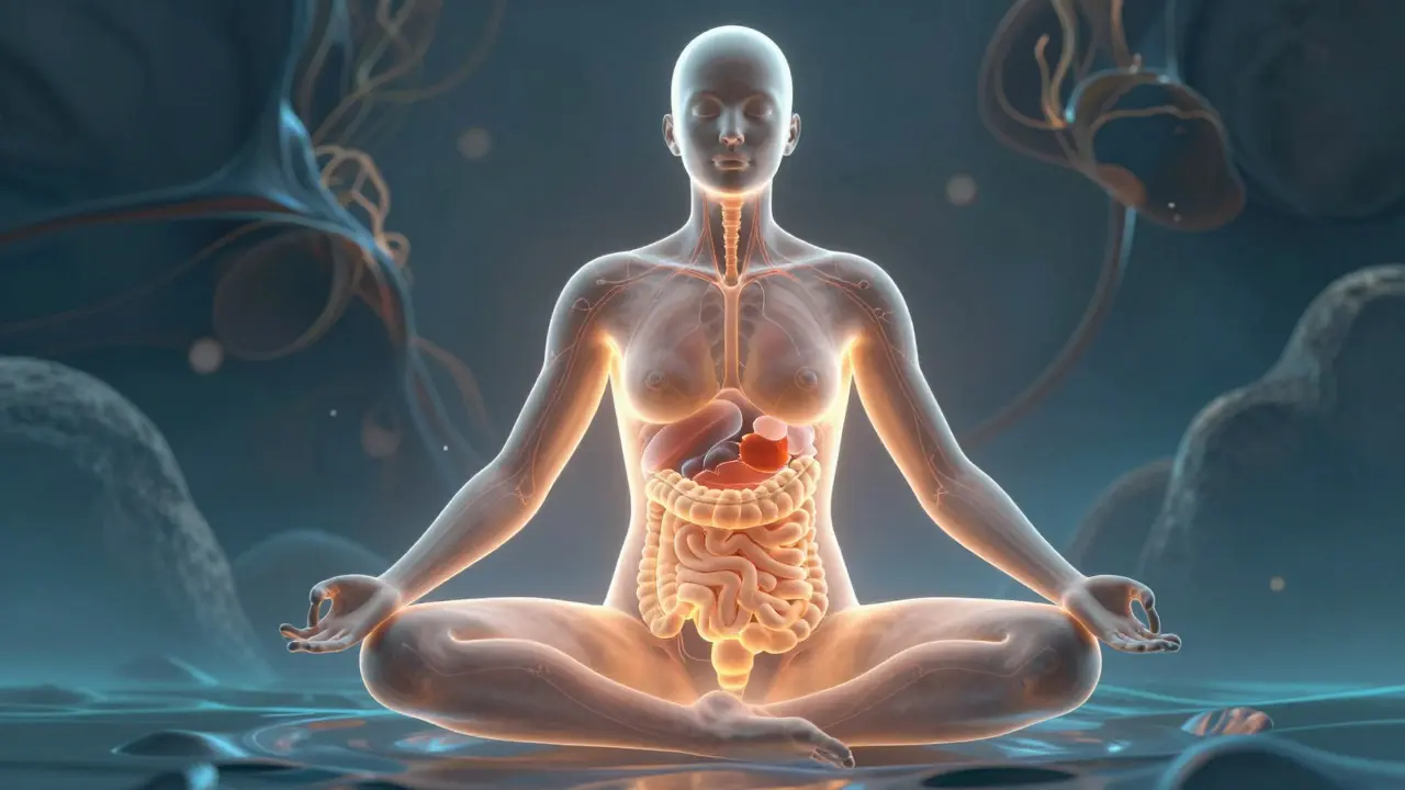 Abstract art showing glowing energy flow for digestion and lymphatic health.