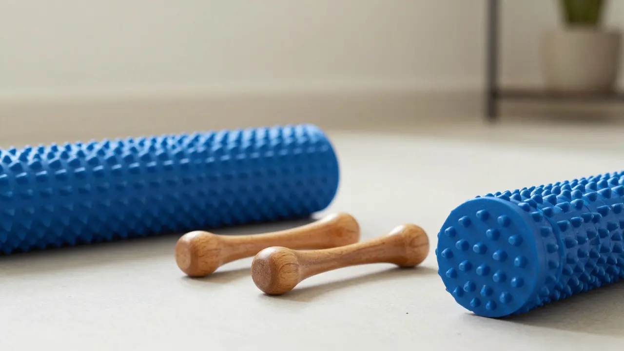 Acupressure mat, wooden tools, and massage balls arranged on a clean surface