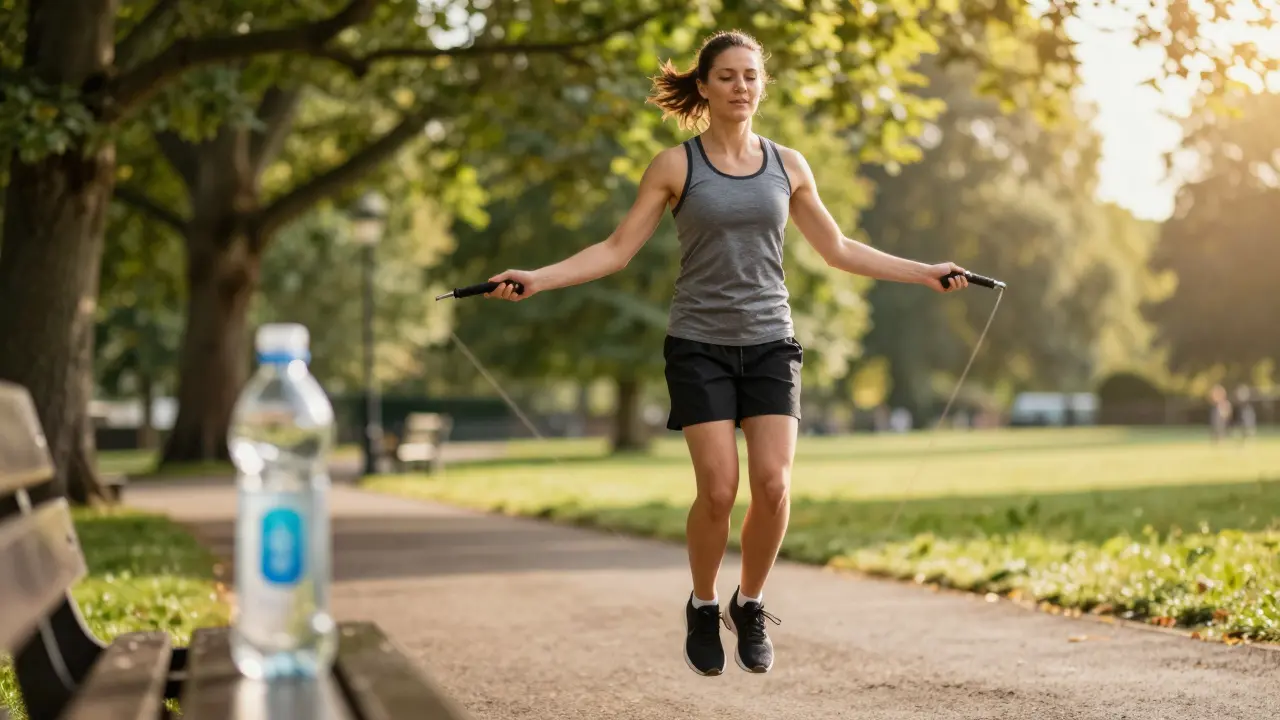 Athlete skipping rope outdoors with a water bottle nearby for hydration.
