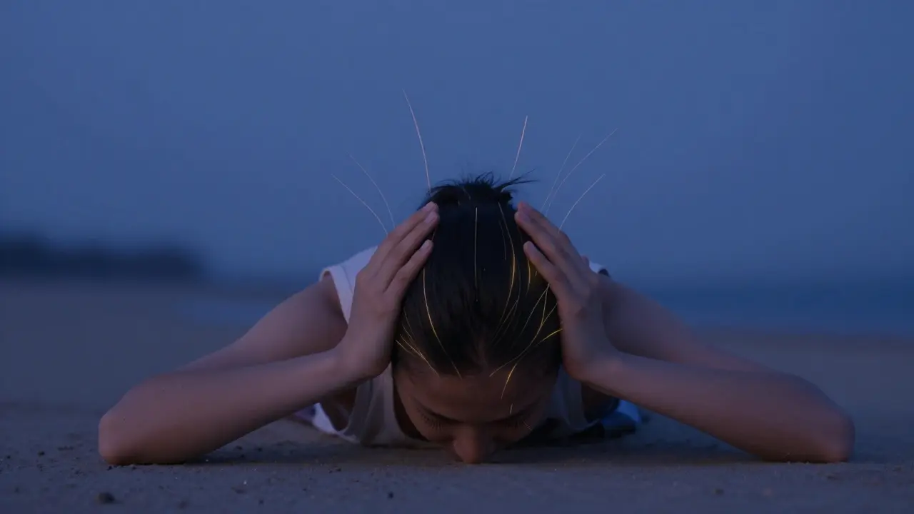 Child's pose with temple pressure and energy glow