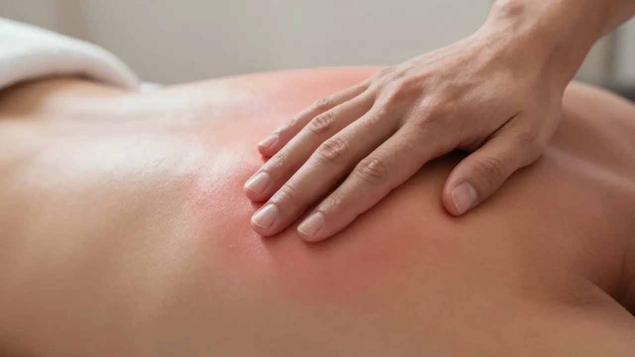Close-up of hands performing gliding massage strokes on back