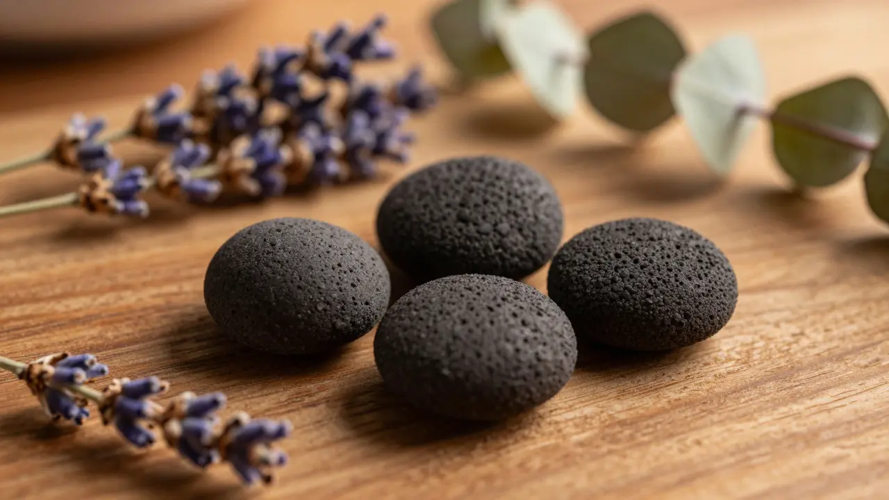 Close up of heated volcanic stones and herbs for abdominal therapy prep.