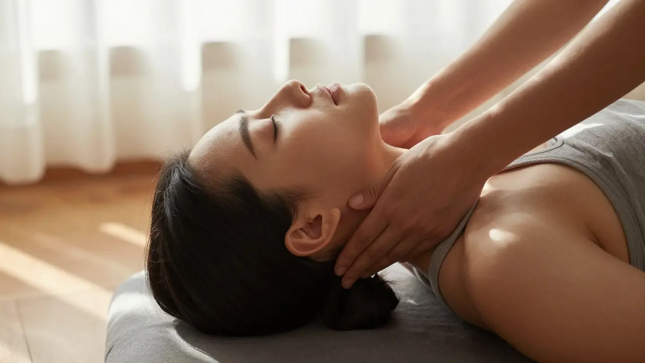 Close-up of person in Child's Pose massaging base of skull for neck tension relief