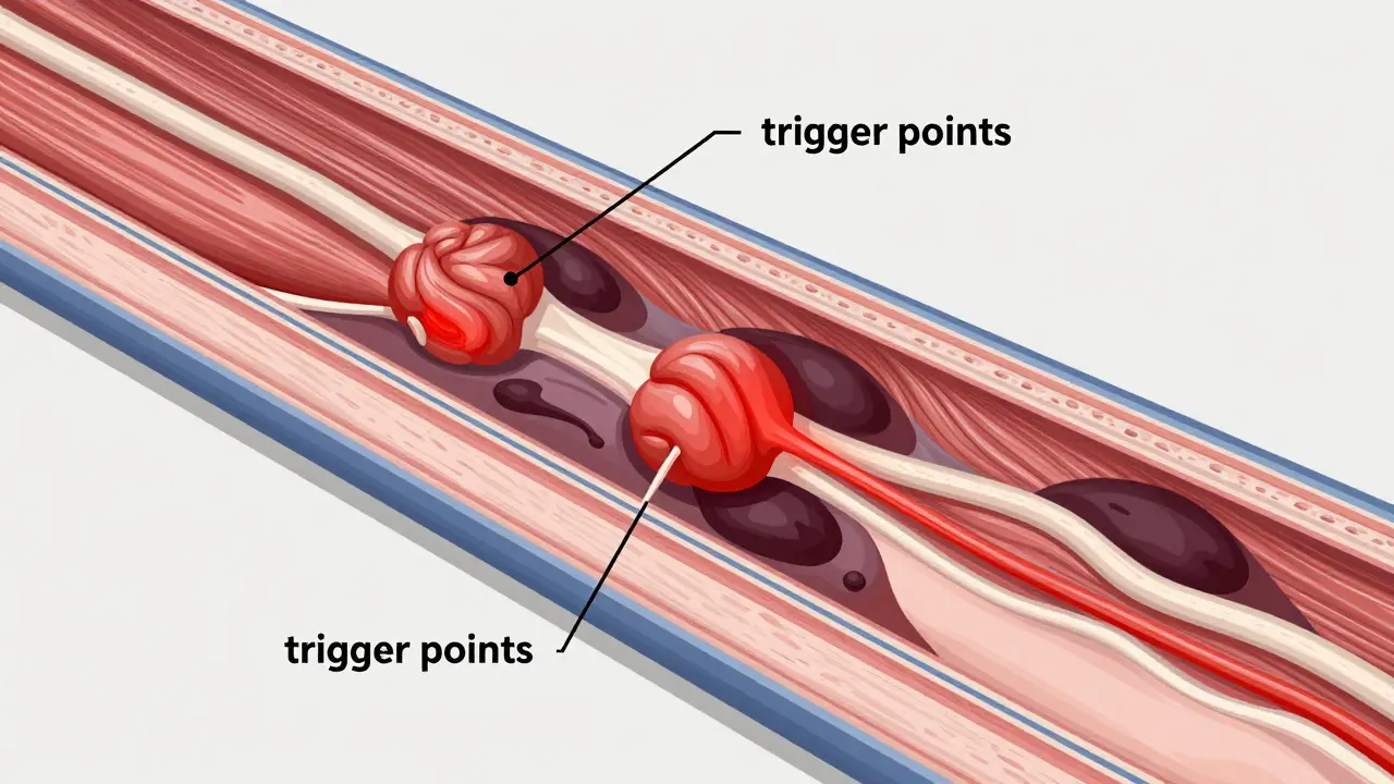 Illustration of muscle knots, nerves, and improved blood flow.