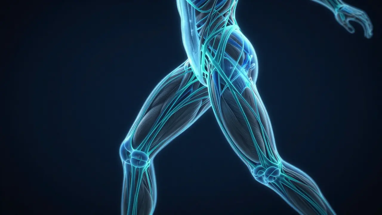 Illustration of the human fascial network as a hydrated, glowing web.