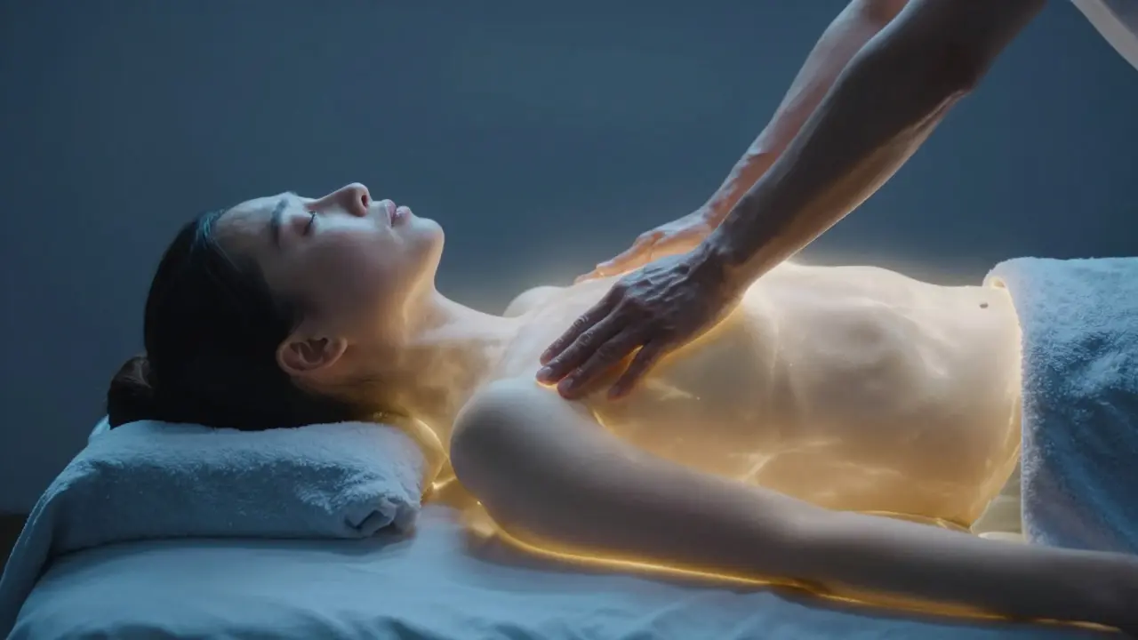 Person relaxing on a massage table surrounded by ethereal light symbolizing stress relief.