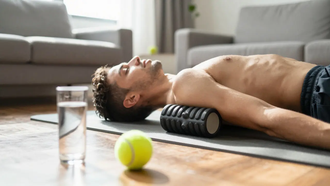 Person using foam roller and drinking water for post-session care.