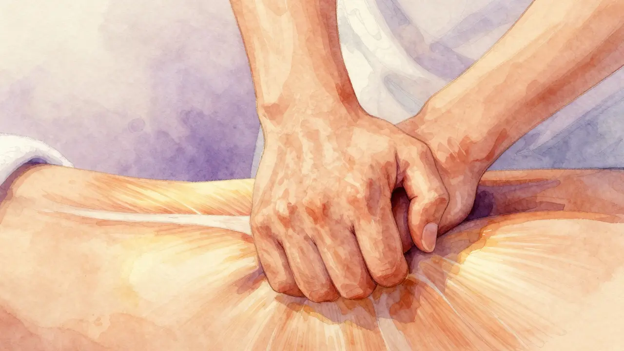 Soft watercolor illustration of hands kneading muscle tissue to represent petrissage technique.