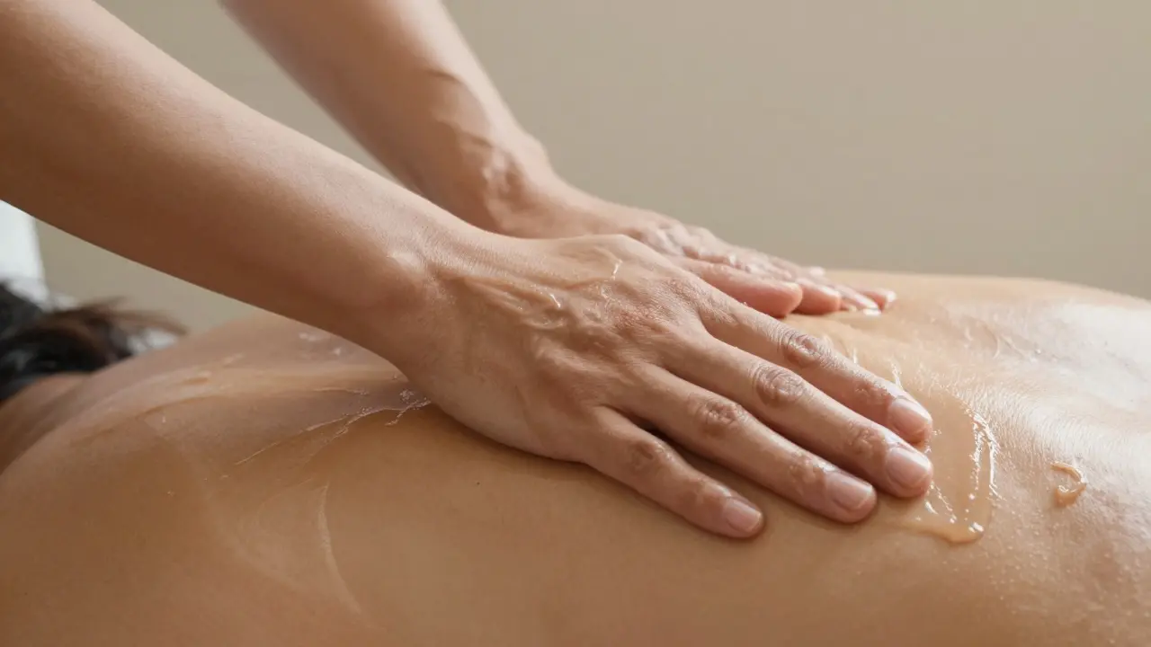 Therapist's forearm gliding with oil on client's back