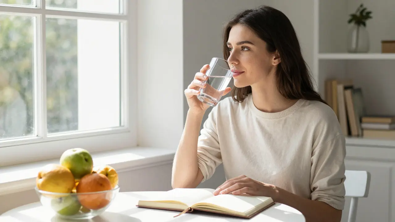 Woman journaling and drinking water in a bright, cozy room.