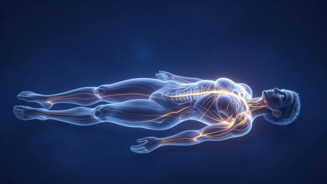 Abstract glowing energy lines flowing through a human silhouette