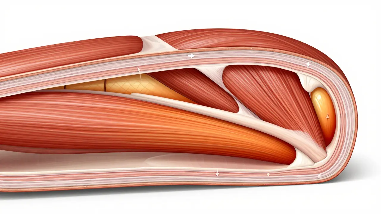 Anatomical view of muscle tissue showing tension and release
