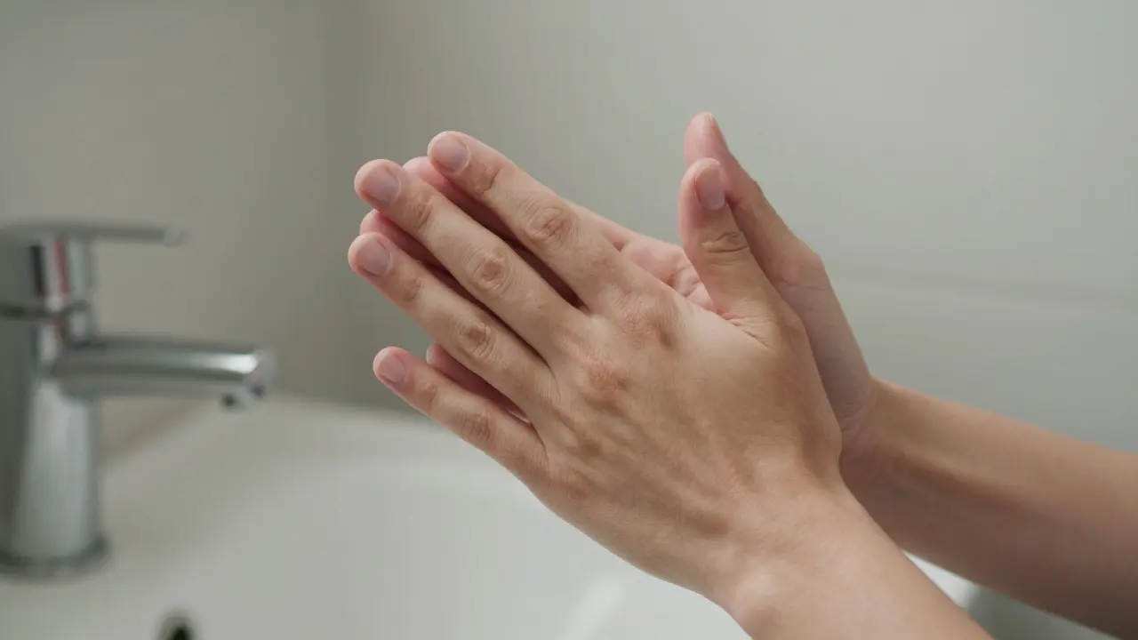 Close-up of hands rubbing together for warmth during a mid-day stress reset.