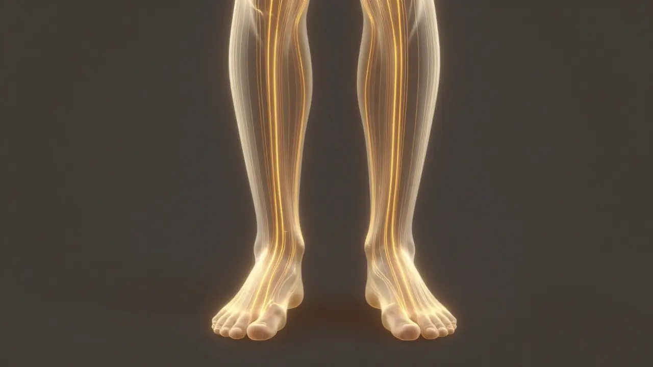 Glowing energy lines flowing up from feet to legs conceptually