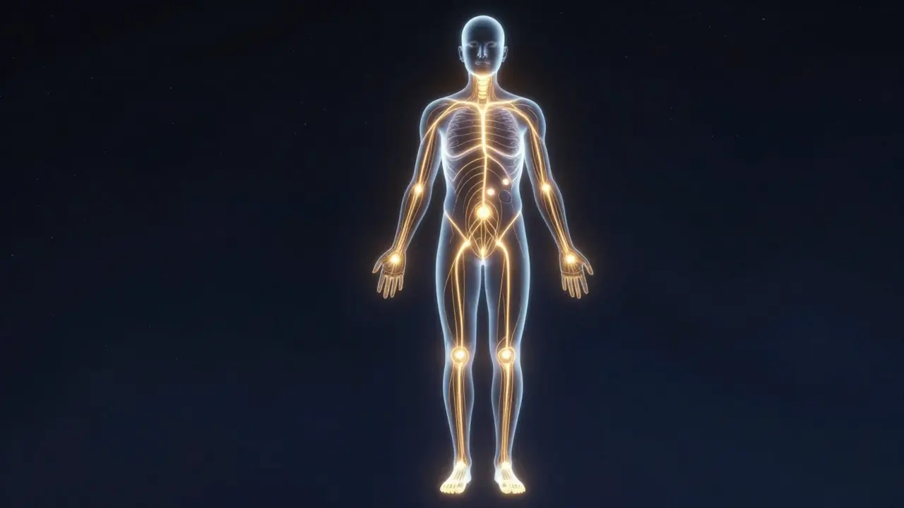 Glowing meridian lines on human silhouette showing energy flow