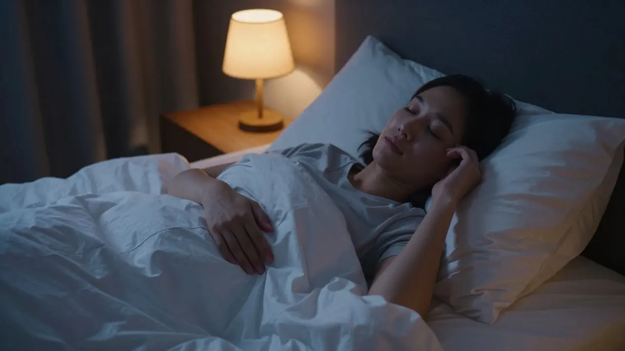 Person lying in bed at night practicing self-Reiki for evening relaxation.