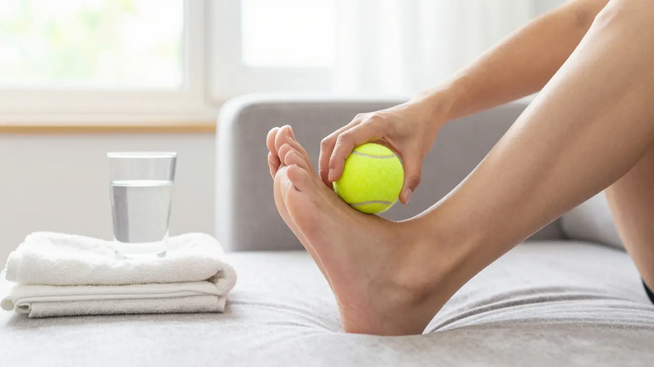 Person using tennis ball for foot massage at home