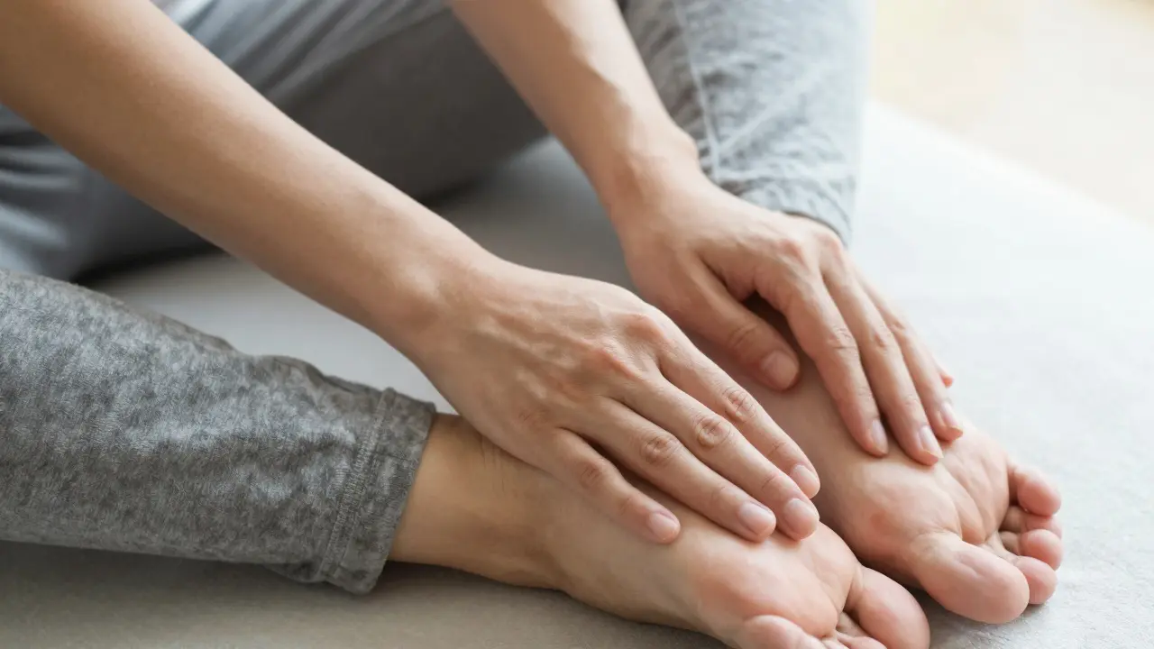 Therapist's hands gently resting on a client's feet for energy assessment