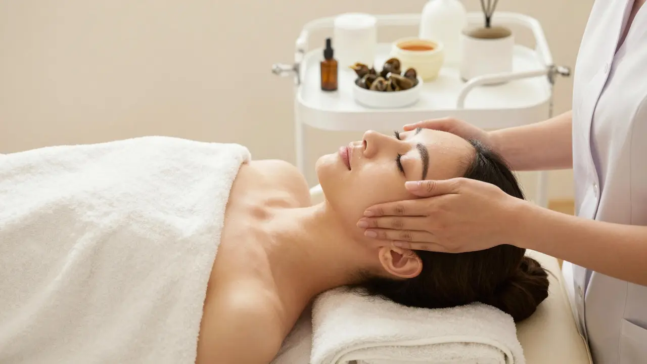 Woman receiving a gentle facial massage in a serene spa
