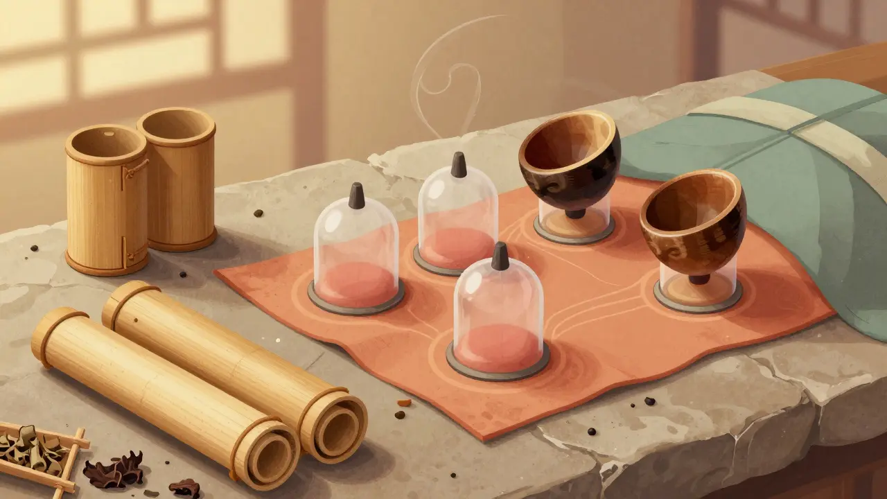 Artistic illustration of ancient bamboo cups and herbal remedies